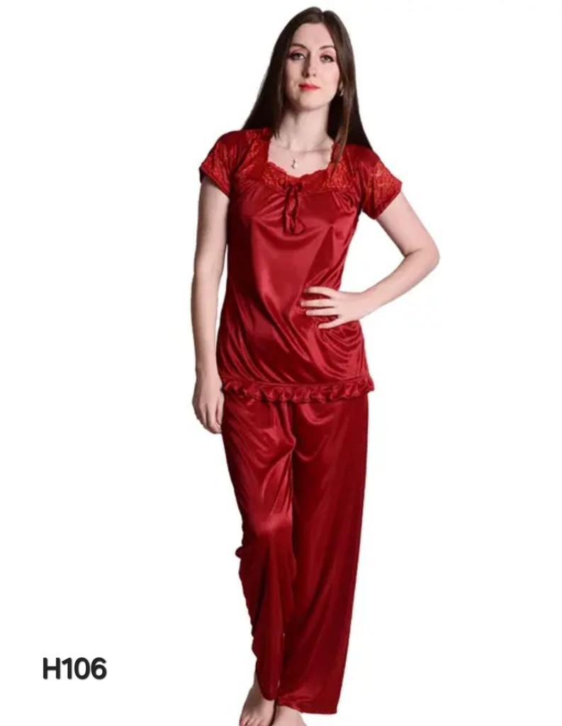 Maroon Satin Nightwear Night Suit Top & Pajama Set
