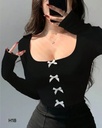 Solid Square Neck Bow Front Long Sleeves Western Ribbed y2k Top for Women