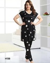 WOMEN KNEWW LENGTH FEATHER PRINTED KAFTAN NIGHT SUIT SET (BLACK)